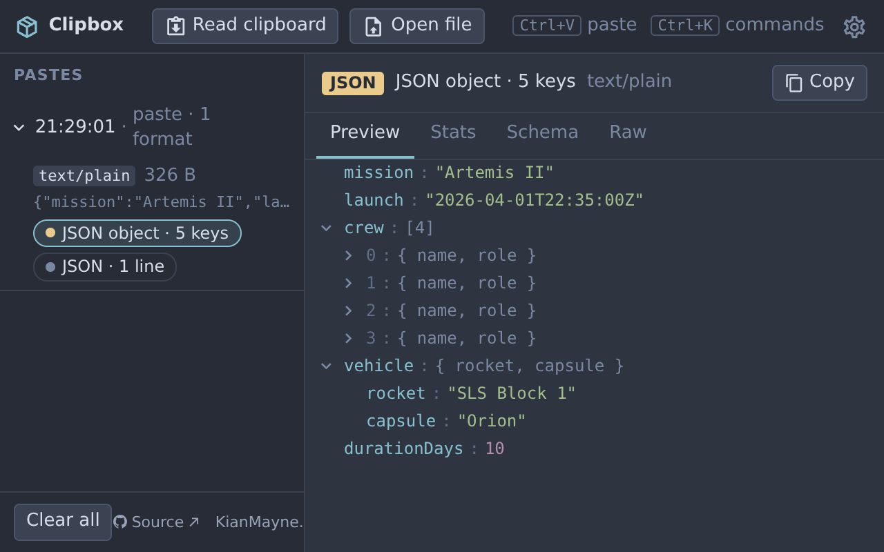 Clipbox showing a pasted JSON object as a collapsible tree