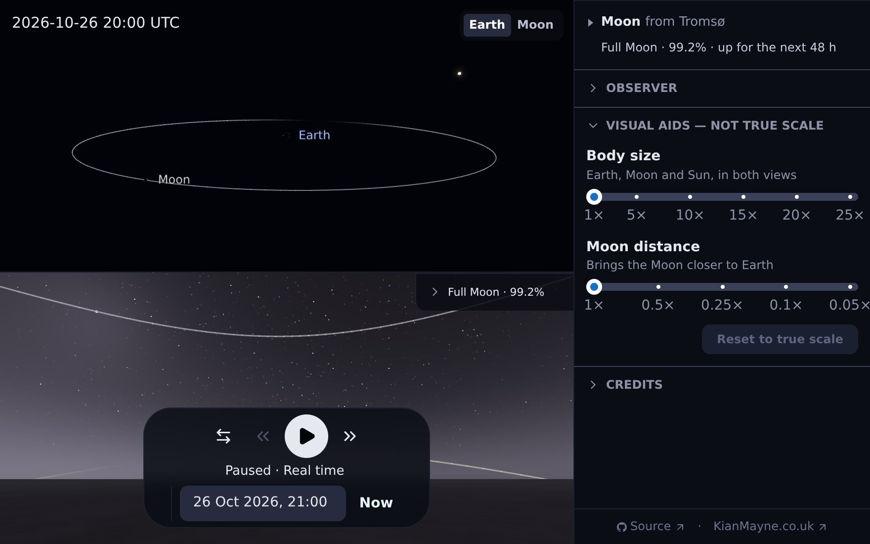 Moon Sim showing the Earth–Moon orbit, the night sky and simulation controls